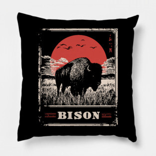 American Bison - Vintage Japanese-Style Wildlife Art Pillow