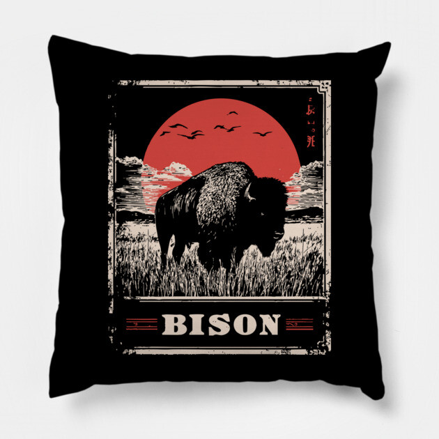 American Bison - Vintage Japanese-Style Wildlife Art Pillow by TuncGK