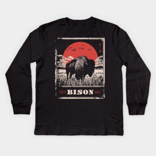 American Bison - Vintage Japanese-Style Wildlife Art Kids Long Sleeve T-Shirt