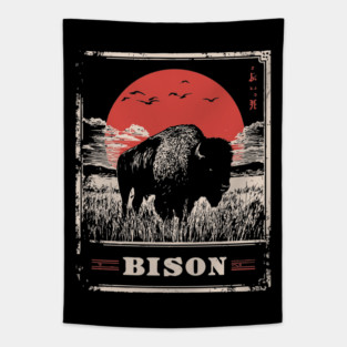 American Bison - Vintage Japanese-Style Wildlife Art Tapestry