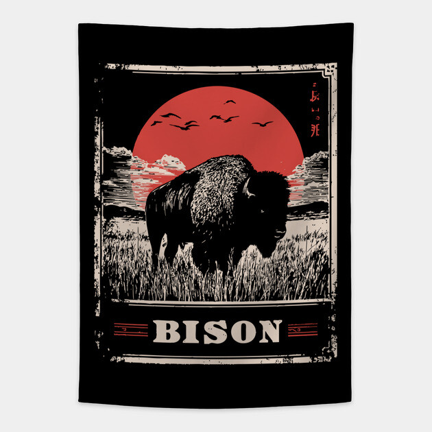 American Bison - Vintage Japanese-Style Wildlife Art Tapestry by TuncGK