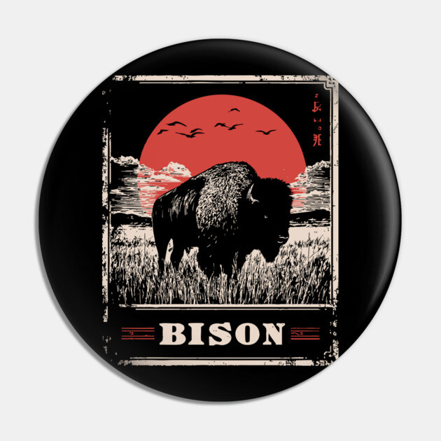American Bison - Vintage Japanese-Style Wildlife Art Pin by TuncGK