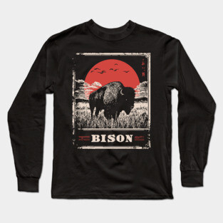 American Bison - Vintage Japanese-Style Wildlife Art Long Sleeve T-Shirt