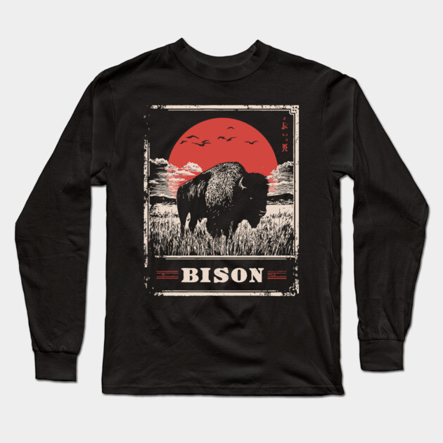 American Bison - Vintage Japanese-Style Wildlife Art Long Sleeve T-Shirt by TuncGK