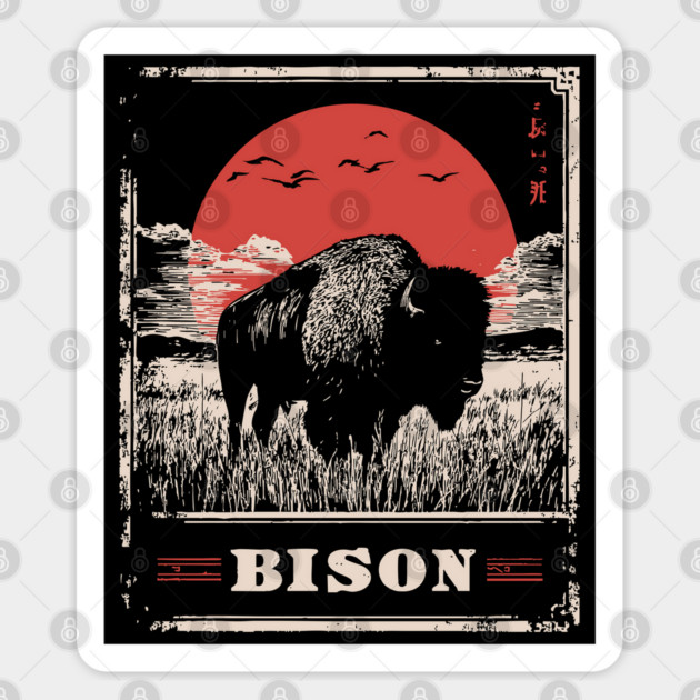 American Bison - Vintage Japanese-Style Wildlife Art Sticker by TuncGK