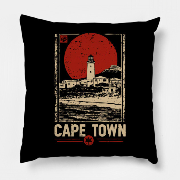 Cape Town Lighthouse - Vintage Japanese-Style South African Travel Art Pillow by TuncGK