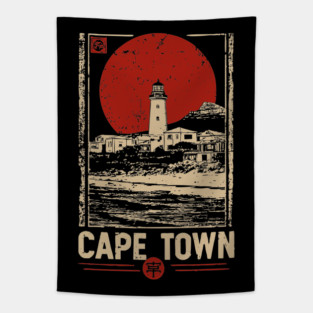 Cape Town Lighthouse - Vintage Japanese-Style South African Travel Art Tapestry