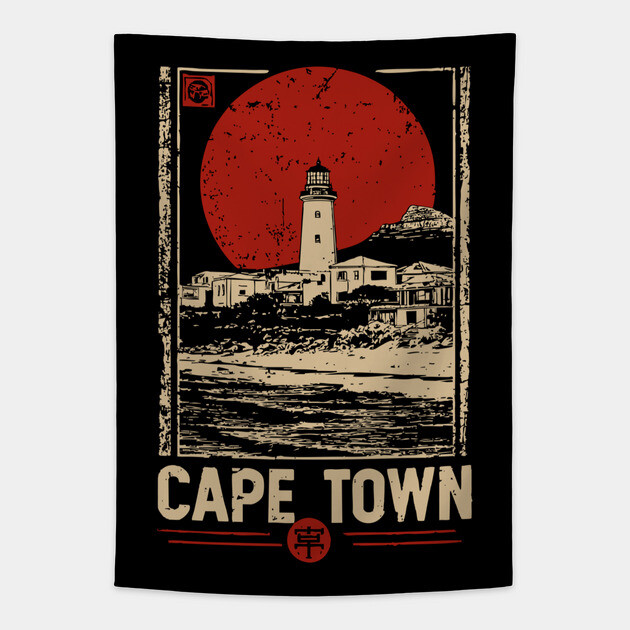 Cape Town Lighthouse - Vintage Japanese-Style South African Travel Art Tapestry by TuncGK