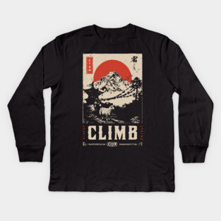 Climb Himalayas - Vintage Japanese-Style Mountaineering Art Kids Long Sleeve T-Shirt