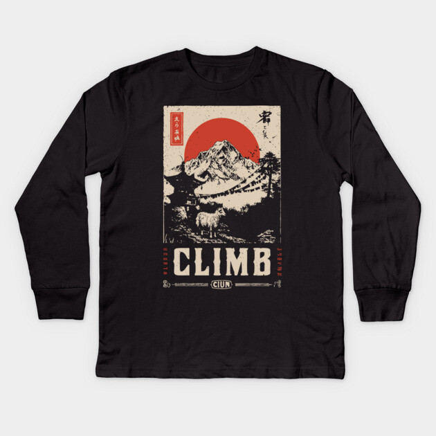Climb Himalayas - Vintage Japanese-Style Mountaineering Art Kids Long Sleeve T-Shirt by TuncGK