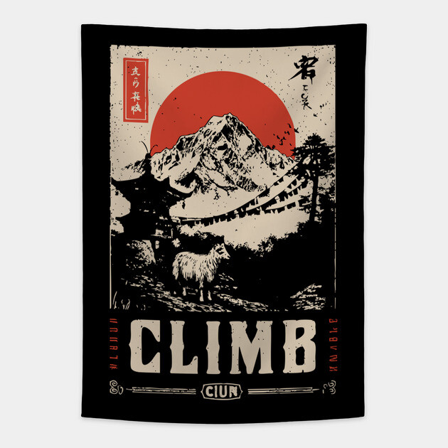 Climb Himalayas - Vintage Japanese-Style Mountaineering Art Tapestry by TuncGK