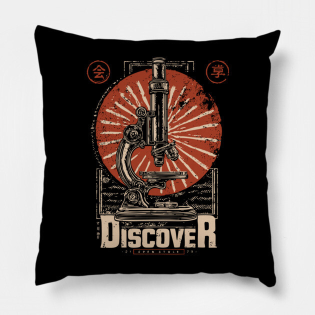 Discover Microscopic World - Vintage Japanese-Style Science Art Pillow by TuncGK