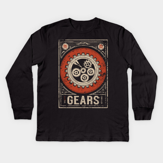 Industrial Gears - Vintage Japanese-Style Engineering Art Kids Long Sleeve T-Shirt by TuncGK