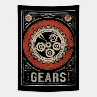 Industrial Gears - Vintage Japanese-Style Engineering Art Tapestry
