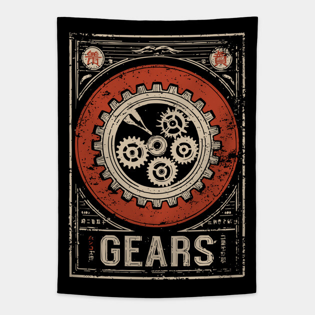 Industrial Gears - Vintage Japanese-Style Engineering Art Tapestry by TuncGK