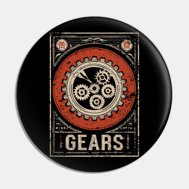 Industrial Gears - Vintage Japanese-Style Engineering Art Pin by TuncGK