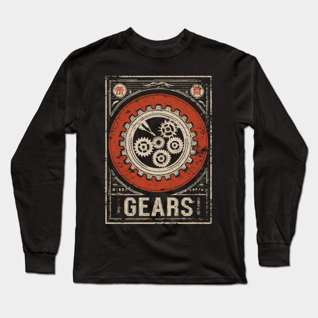 Industrial Gears - Vintage Japanese-Style Engineering Art Long Sleeve T-Shirt by TuncGK