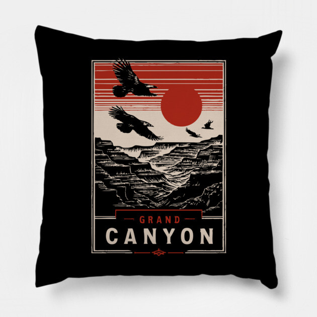 Grand Canyon Birds - Vintage Japanese-Style National Park Art Pillow by TuncGK