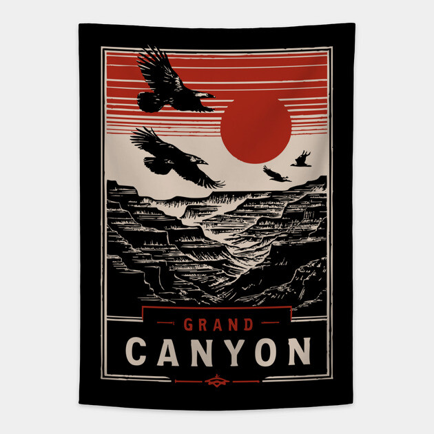 Grand Canyon Birds - Vintage Japanese-Style National Park Art Tapestry by TuncGK