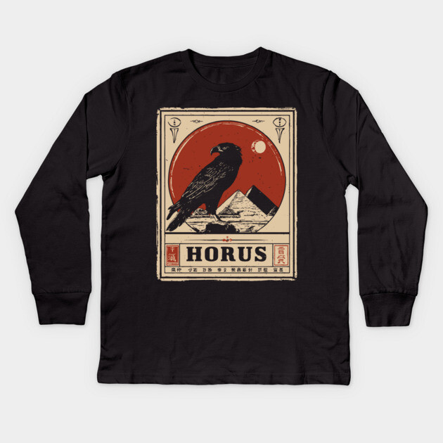 Horus Egyptian Falcon God - Vintage Japanese-Style Mythology Art Kids Long Sleeve T-Shirt by TuncGK