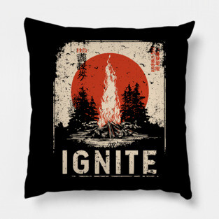 Ignite Campfire - Vintage Japanese-Style Outdoor Adventure Art Pillow