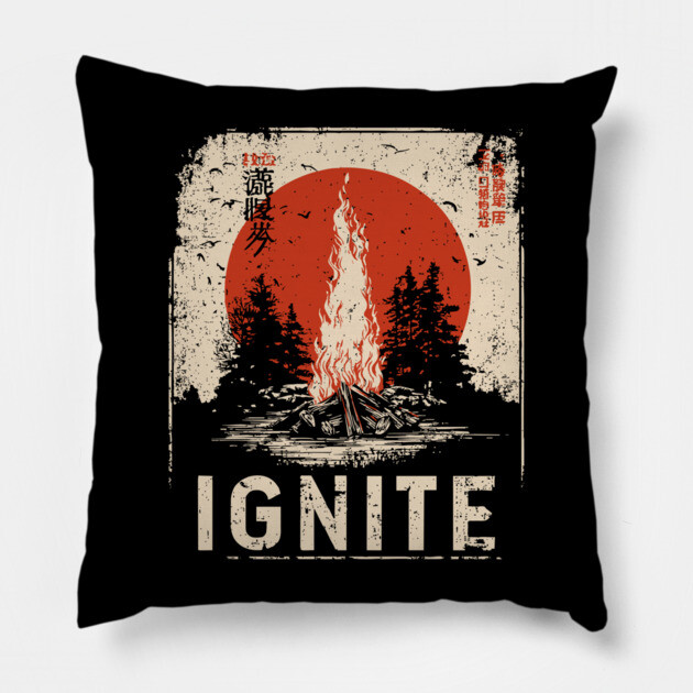 Ignite Campfire - Vintage Japanese-Style Outdoor Adventure Art Pillow by TuncGK