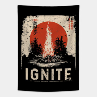 Ignite Campfire - Vintage Japanese-Style Outdoor Adventure Art Tapestry