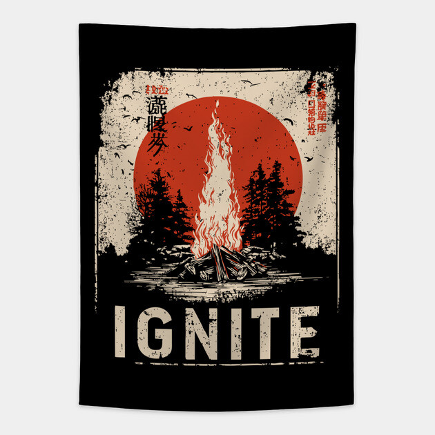 Ignite Campfire - Vintage Japanese-Style Outdoor Adventure Art Tapestry by TuncGK
