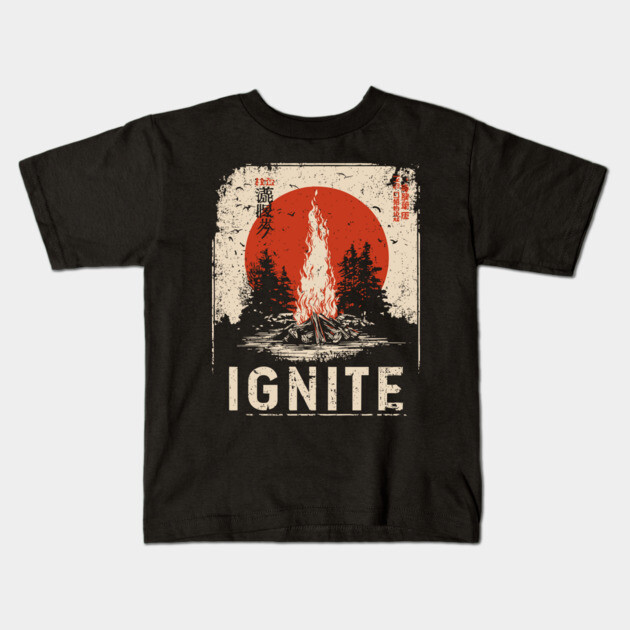 Ignite Campfire - Vintage Japanese-Style Outdoor Adventure Art Kids T-Shirt by TuncGK