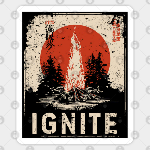 Ignite Campfire - Vintage Japanese-Style Outdoor Adventure Art Sticker by TuncGK