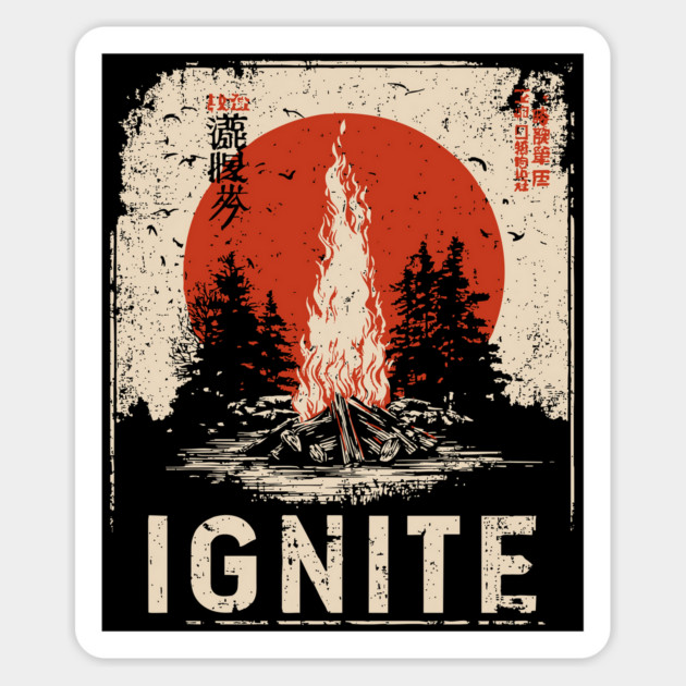Ignite Campfire - Vintage Japanese-Style Outdoor Adventure Art Magnet by TuncGK