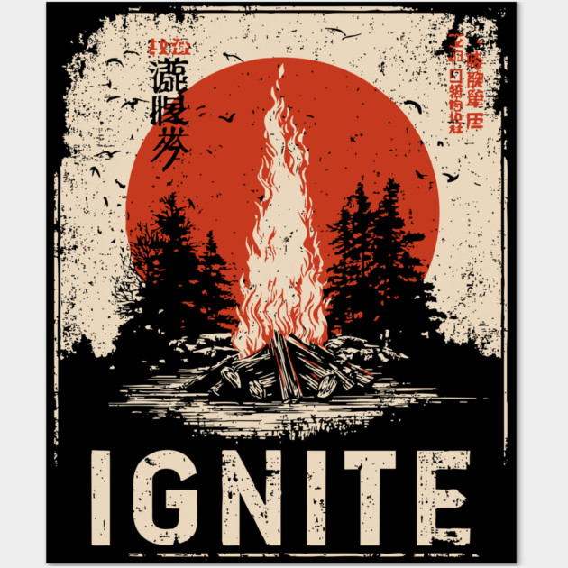 Ignite Campfire - Vintage Japanese-Style Outdoor Adventure Art Wall Art by TuncGK