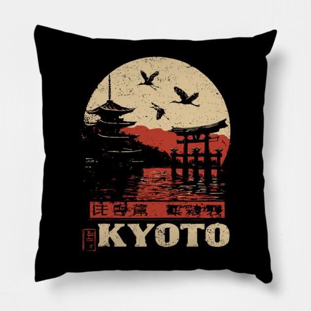 Kyoto Japan Sunset - Vintage Japanese-Style Travel Art Pillow by TuncGK