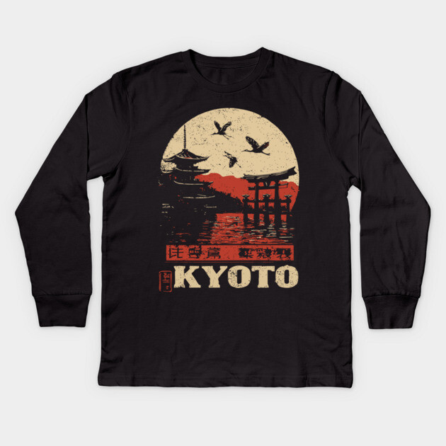 Kyoto Japan Sunset - Vintage Japanese-Style Travel Art Kids Long Sleeve T-Shirt by TuncGK