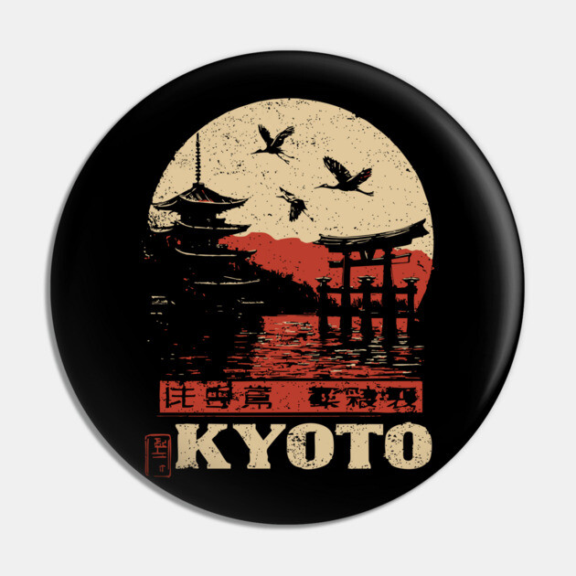 Kyoto Japan Sunset - Vintage Japanese-Style Travel Art Pin by TuncGK