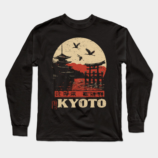 Kyoto Japan Sunset - Vintage Japanese-Style Travel Art Long Sleeve T-Shirt by TuncGK