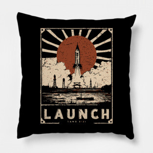 Launch Rocket - Vintage Japanese-Style Space Exploration Art Pillow