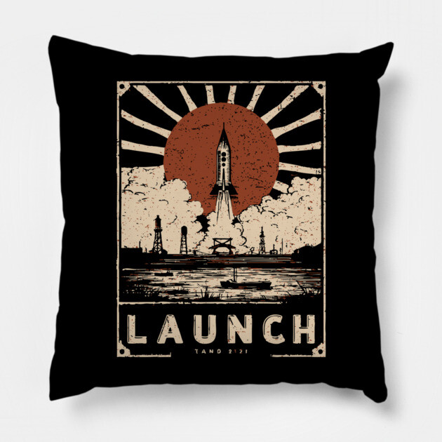 Launch Rocket - Vintage Japanese-Style Space Exploration Art Pillow by TuncGK