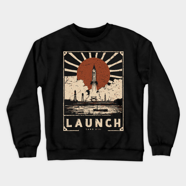 Launch Rocket - Vintage Japanese-Style Space Exploration Art Crewneck Sweatshirt by TuncGK