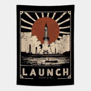 Launch Rocket - Vintage Japanese-Style Space Exploration Art Tapestry