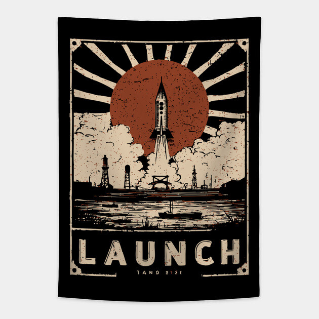 Launch Rocket - Vintage Japanese-Style Space Exploration Art Tapestry by TuncGK