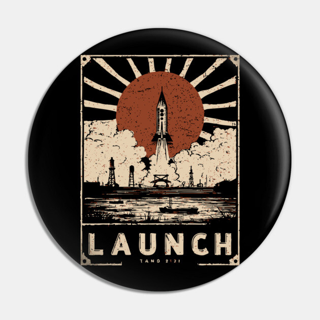 Launch Rocket - Vintage Japanese-Style Space Exploration Art Pin by TuncGK