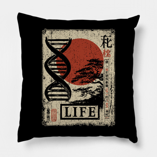 Life DNA - Vintage Japanese-Style Science Art with Kanji Pillow by TuncGK