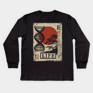 Life DNA - Vintage Japanese-Style Science Art with Kanji Kids Long Sleeve T-Shirt