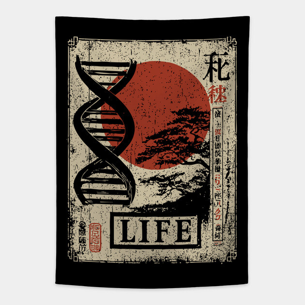 Life DNA - Vintage Japanese-Style Science Art with Kanji Tapestry by TuncGK
