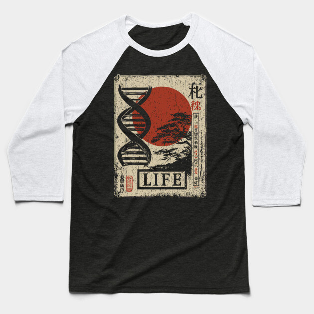 Life DNA - Vintage Japanese-Style Science Art with Kanji Baseball T-Shirt by TuncGK