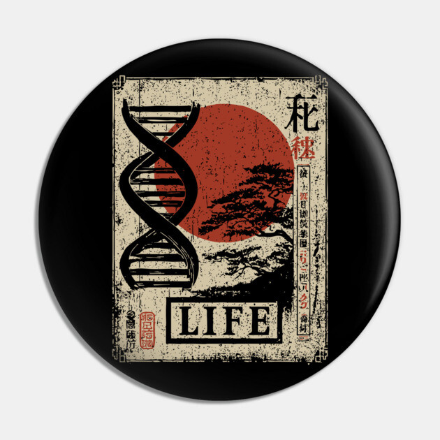 Life DNA - Vintage Japanese-Style Science Art with Kanji Pin by TuncGK