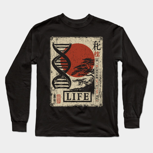 Life DNA - Vintage Japanese-Style Science Art with Kanji Long Sleeve T-Shirt by TuncGK