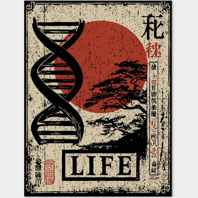 Life DNA - Vintage Japanese-Style Science Art with Kanji Wall Art by TuncGK