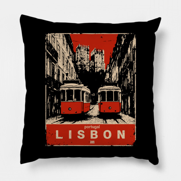 Lisbon Tram - Vintage Japanese-Style Portuguese Travel Art Pillow by TuncGK